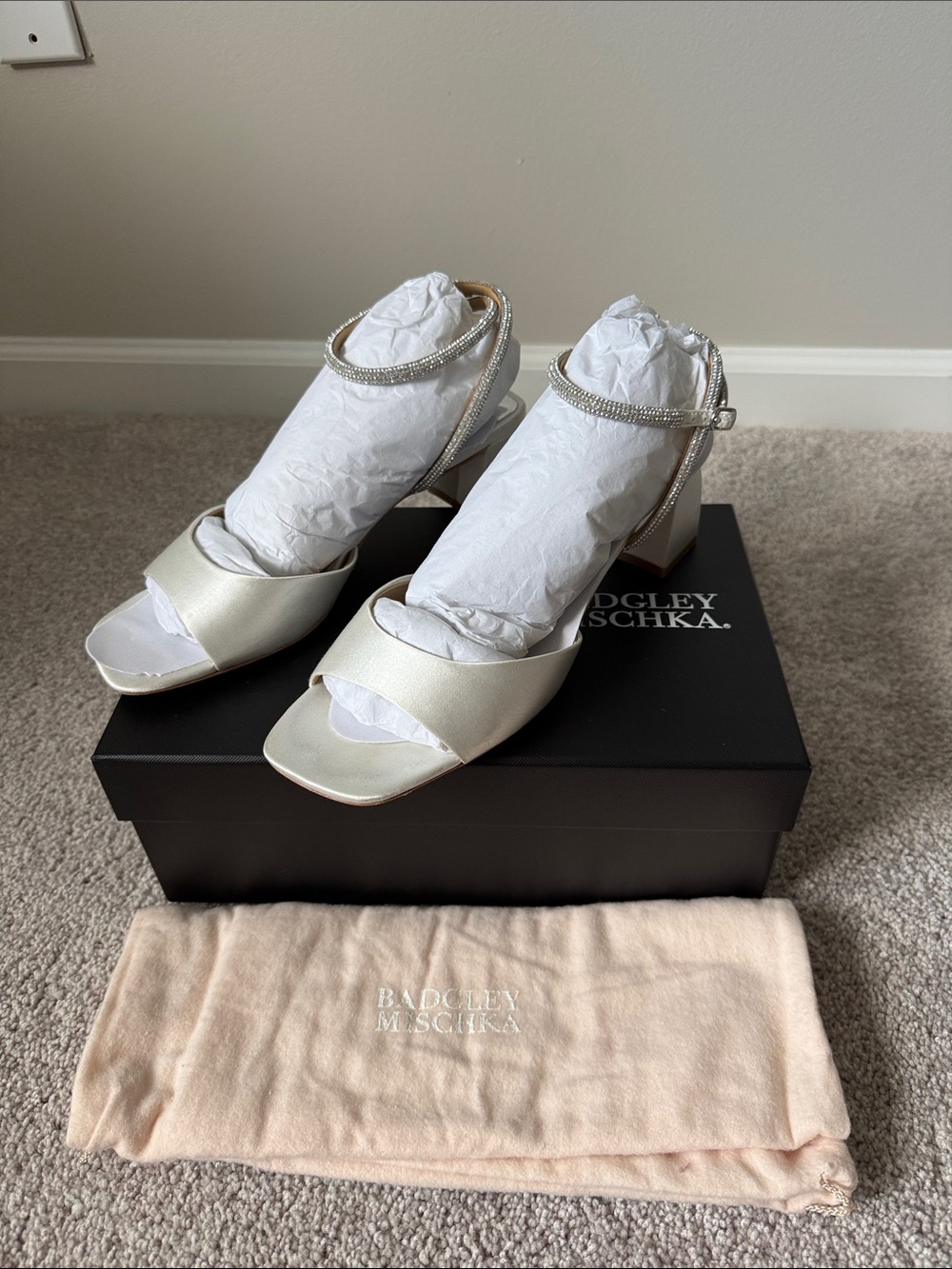 Badgley Mischka Ivory Satin Rhinestone Ankle-Strap Heels
